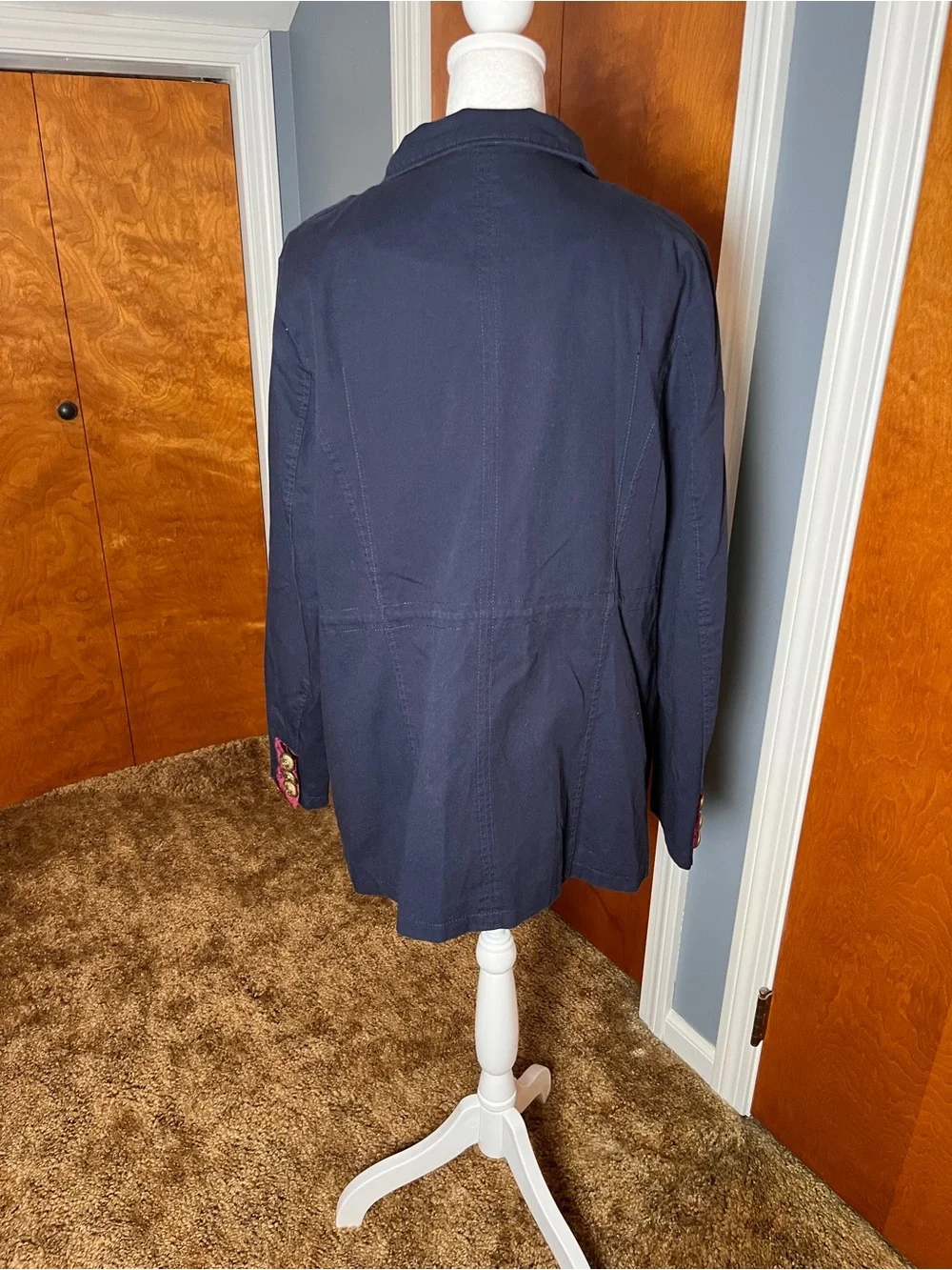 Steve Madden Navy Military Jacket with gold accents, women’s size large.